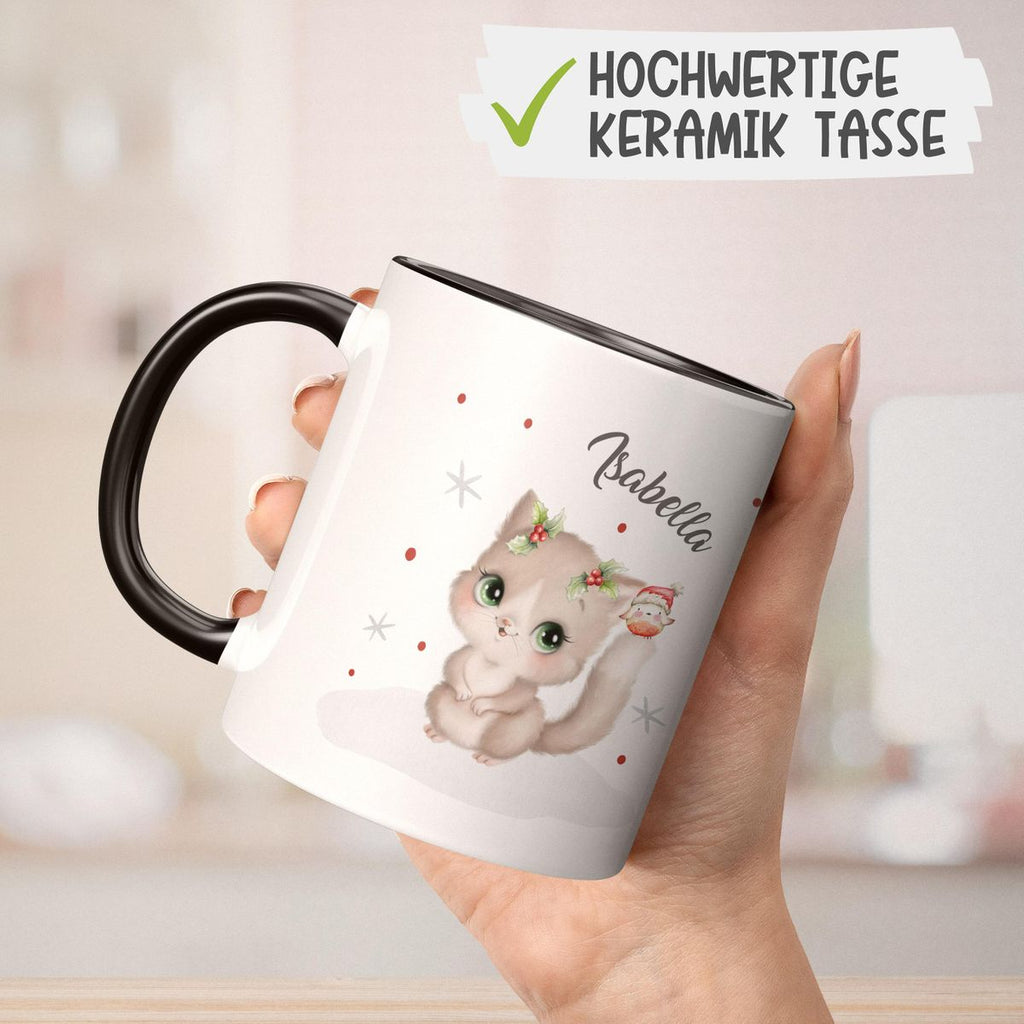 Keramik Tasse Süße Katze im Schnee - personalisiert mit Namen - von Mikalino