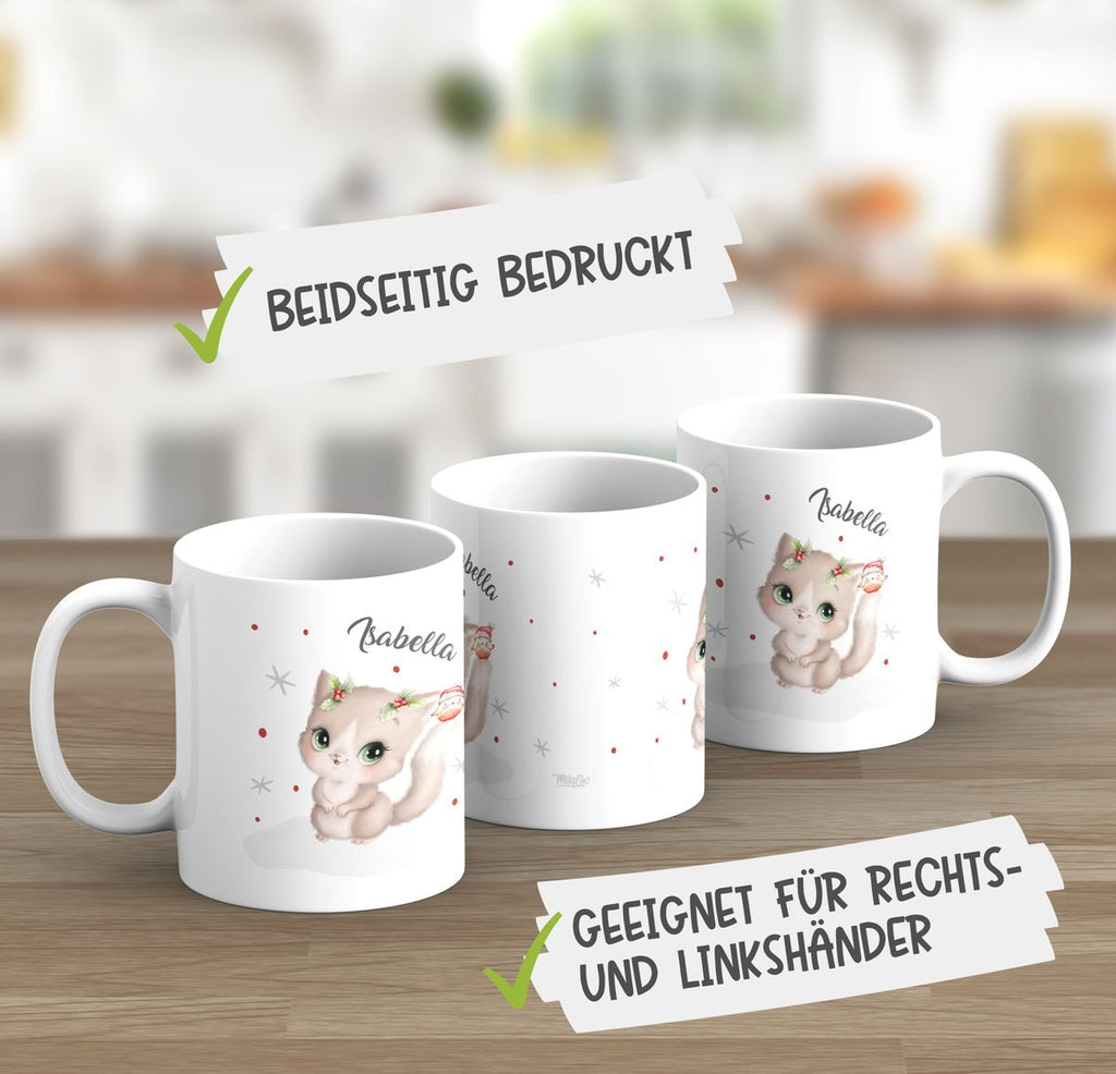 Keramik Tasse Süße Katze im Schnee - personalisiert mit Namen - von Mikalino