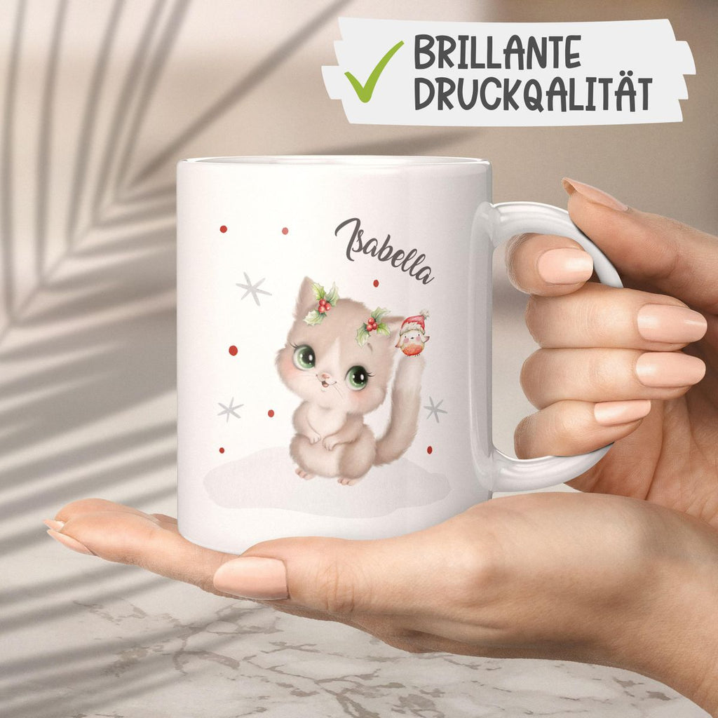 Keramik Tasse Süße Katze im Schnee - personalisiert mit Namen - von Mikalino