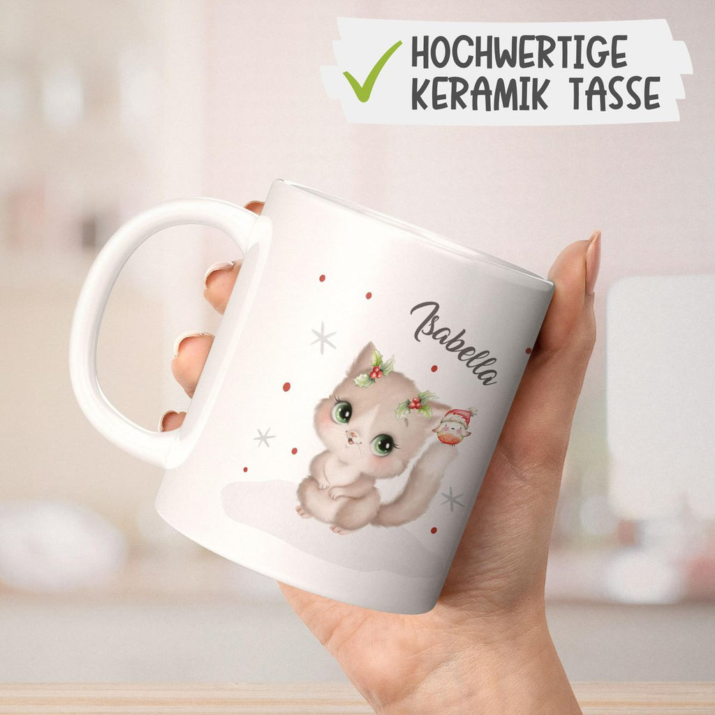 Keramik Tasse Süße Katze im Schnee - personalisiert mit Namen - von Mikalino