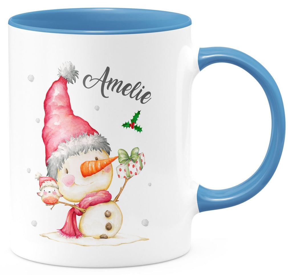 Keramik Tasse Fröhlicher Schneemann im Winter - personalisiert mit Namen - von Mikalino