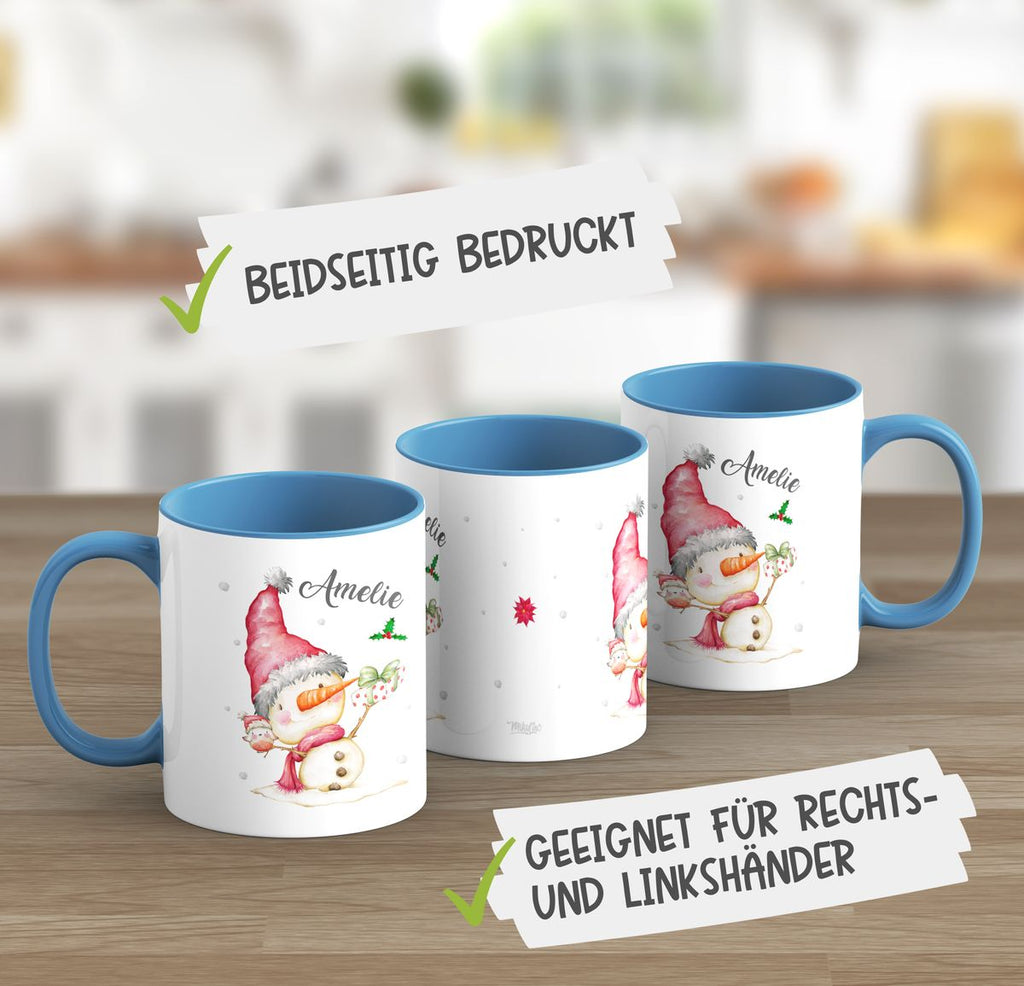 Keramik Tasse Fröhlicher Schneemann im Winter - personalisiert mit Namen - von Mikalino