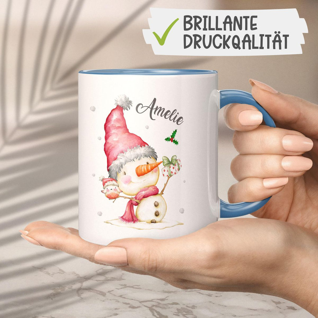 Keramik Tasse Fröhlicher Schneemann im Winter - personalisiert mit Namen - von Mikalino