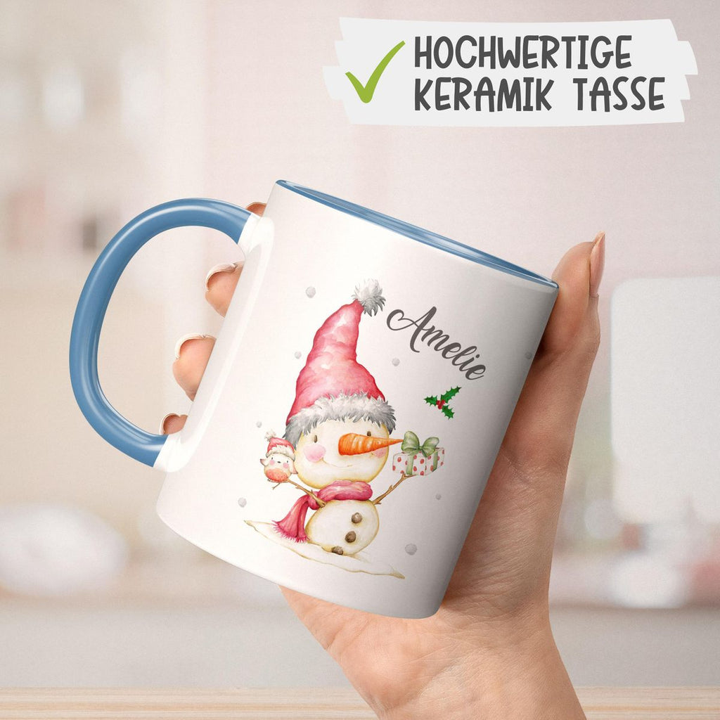 Keramik Tasse Fröhlicher Schneemann im Winter - personalisiert mit Namen - von Mikalino