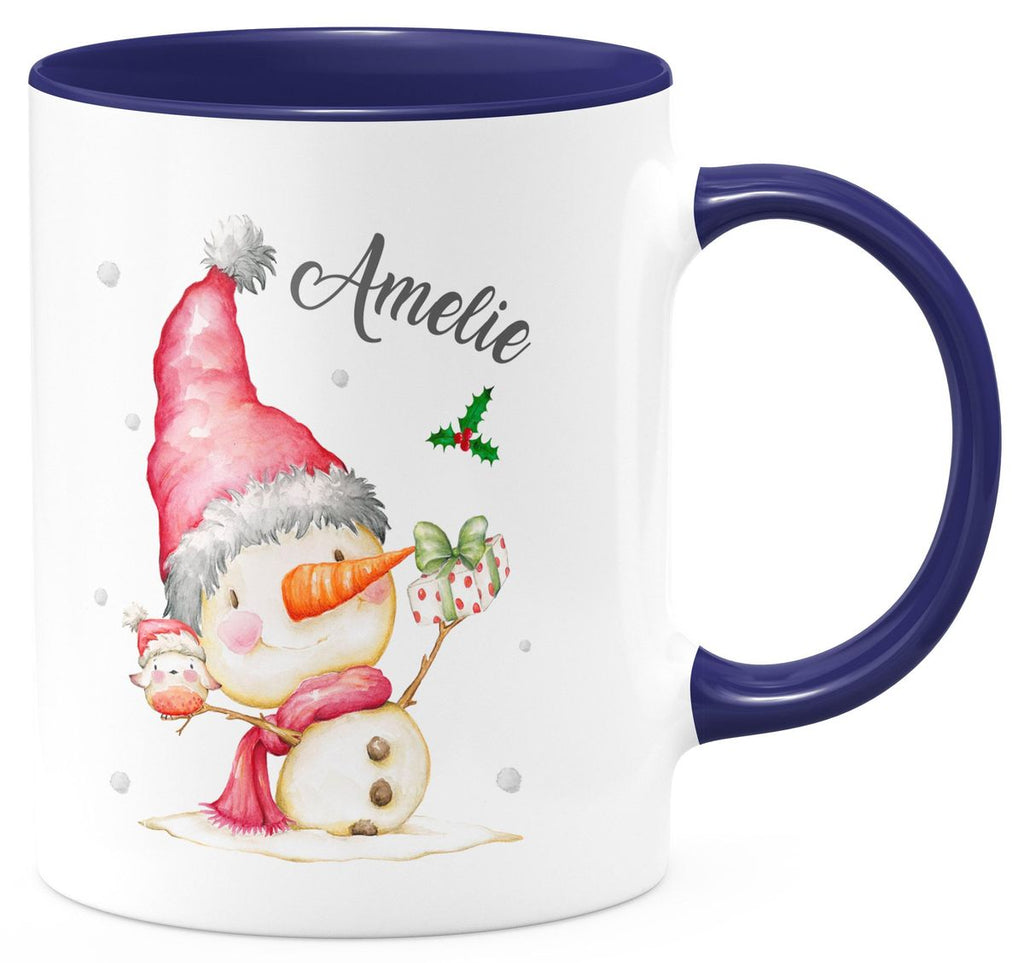 Keramik Tasse Fröhlicher Schneemann im Winter - personalisiert mit Namen - von Mikalino