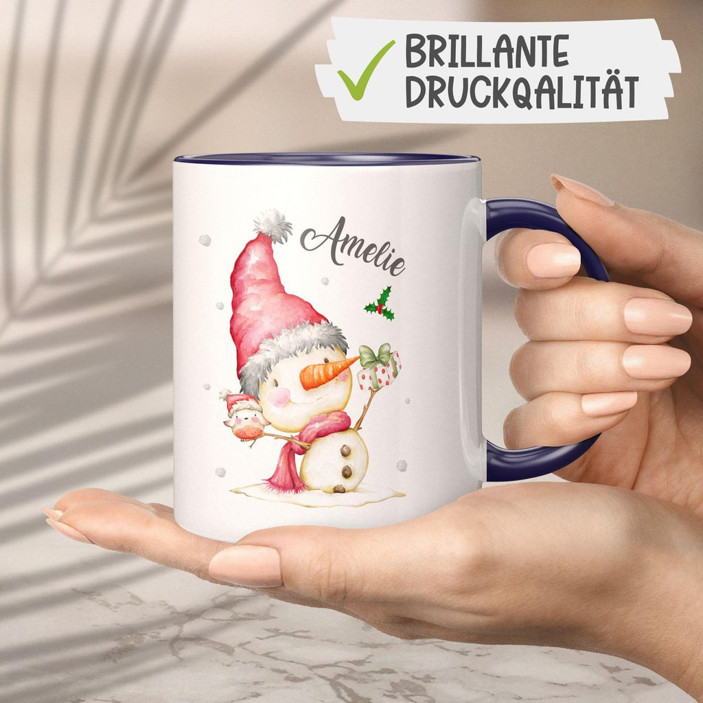 Keramik Tasse Fröhlicher Schneemann im Winter - personalisiert mit Namen - von Mikalino