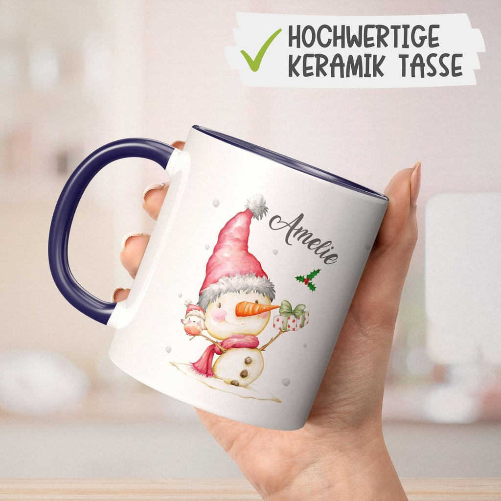 Keramik Tasse Fröhlicher Schneemann im Winter - personalisiert mit Namen - von Mikalino