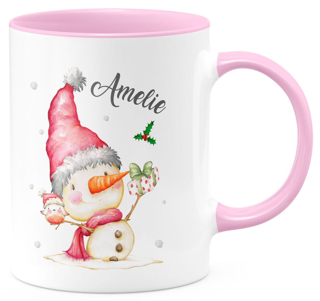 Keramik Tasse Fröhlicher Schneemann im Winter - personalisiert mit Namen - von Mikalino