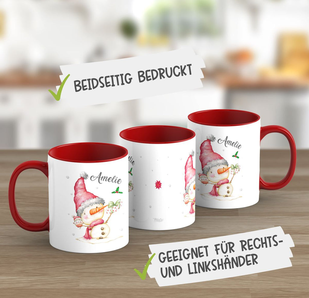 Keramik Tasse Fröhlicher Schneemann im Winter - personalisiert mit Namen - von Mikalino