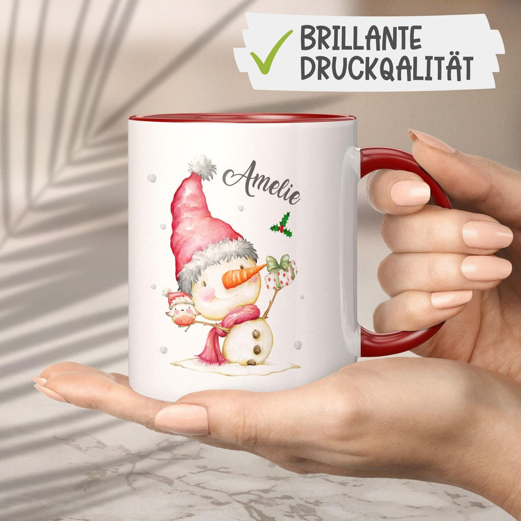 Keramik Tasse Fröhlicher Schneemann im Winter - personalisiert mit Namen - von Mikalino