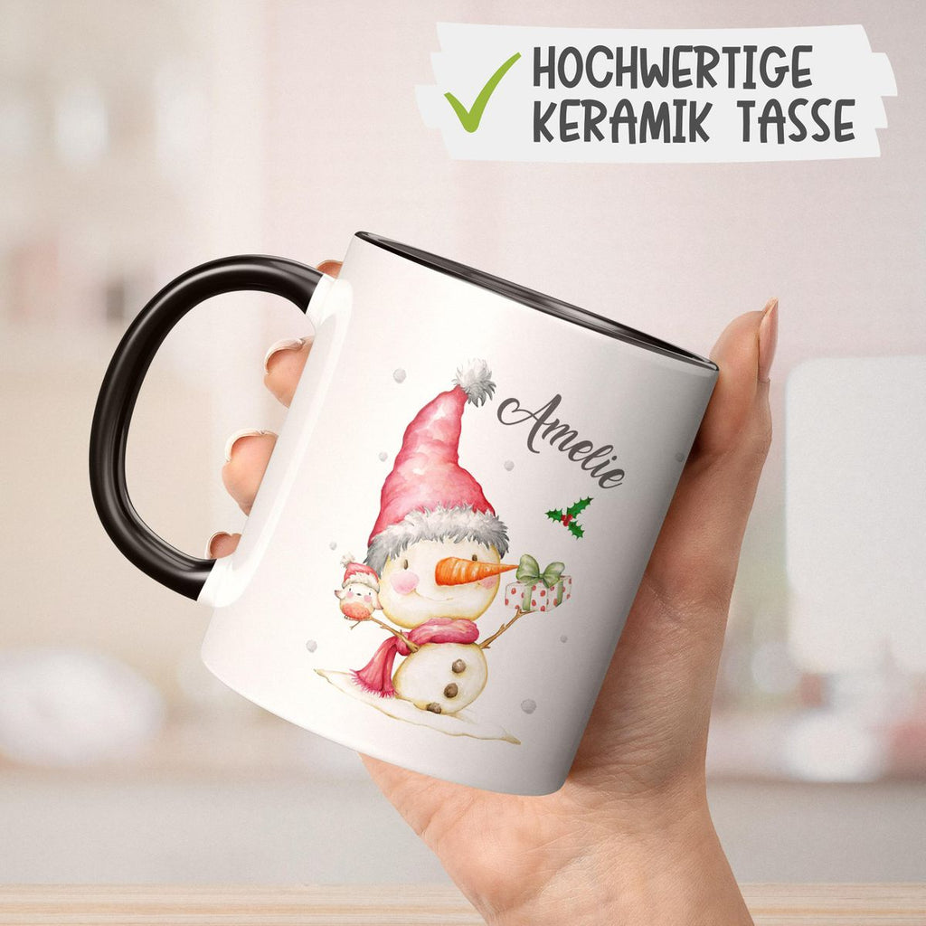 Keramik Tasse Fröhlicher Schneemann im Winter - personalisiert mit Namen - von Mikalino