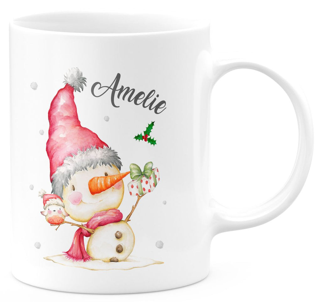 Keramik Tasse Fröhlicher Schneemann im Winter - personalisiert mit Namen - von Mikalino