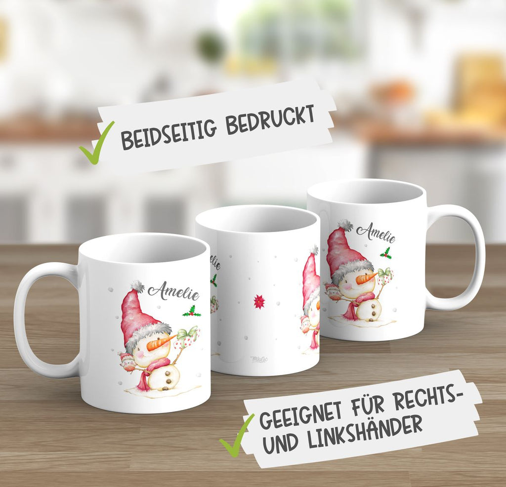 Keramik Tasse Fröhlicher Schneemann im Winter - personalisiert mit Namen - von Mikalino