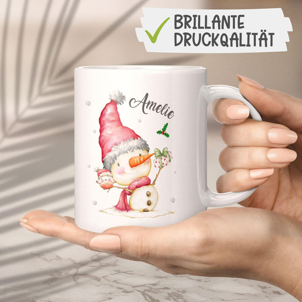 Keramik Tasse Fröhlicher Schneemann im Winter - personalisiert mit Namen - von Mikalino