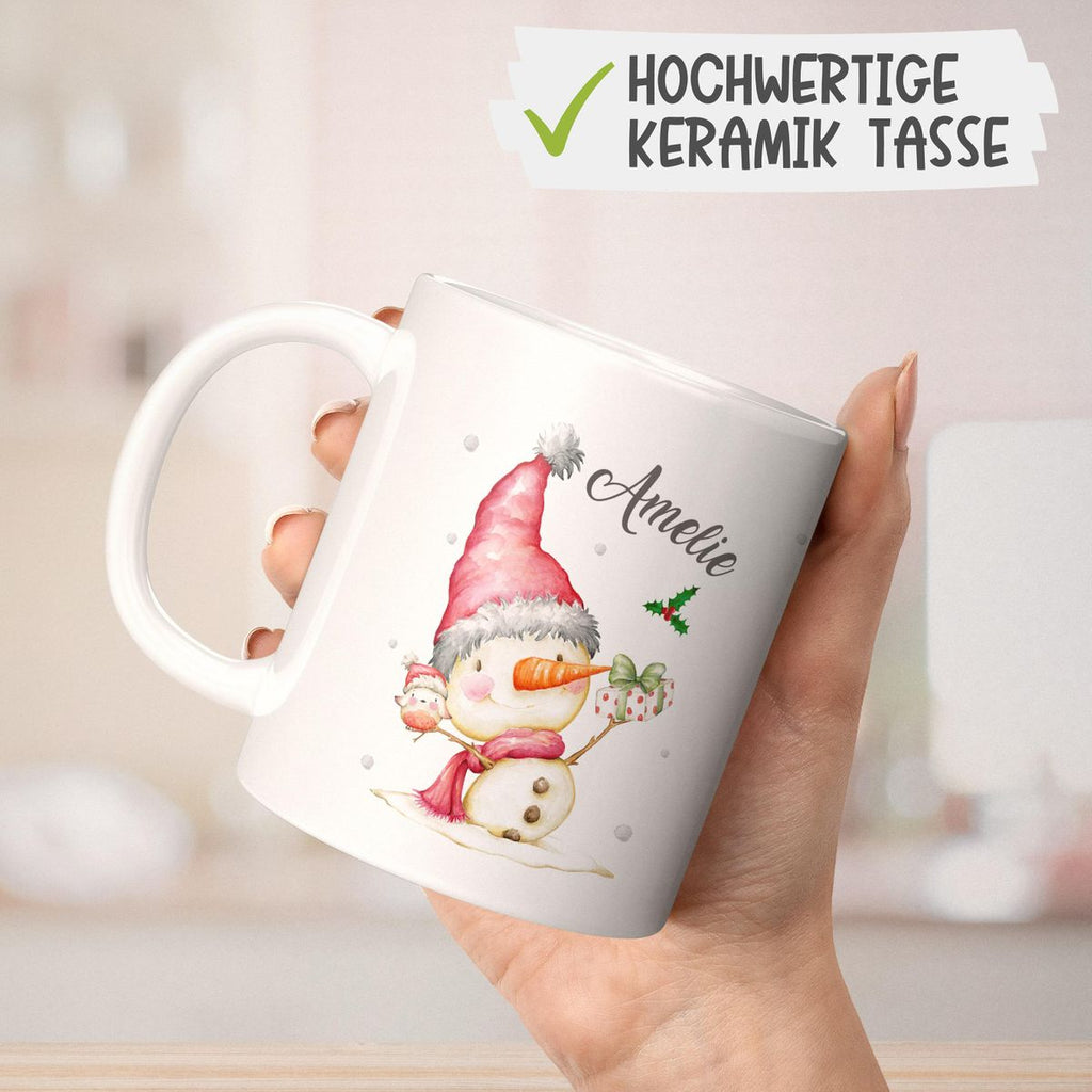 Keramik Tasse Fröhlicher Schneemann im Winter - personalisiert mit Namen - von Mikalino