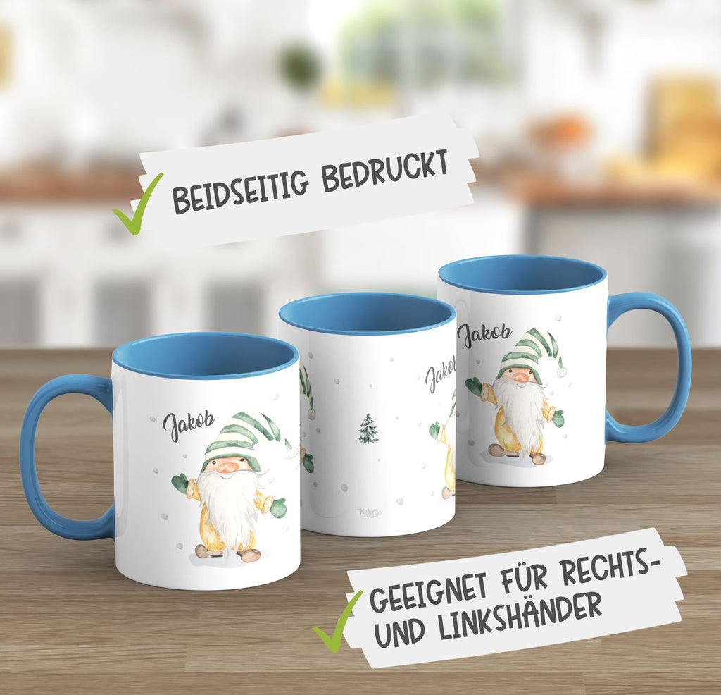 Keramik Tasse Fröhlicher Wichtel im Winter in grün - personalisiert mit Namen - von Mikalino