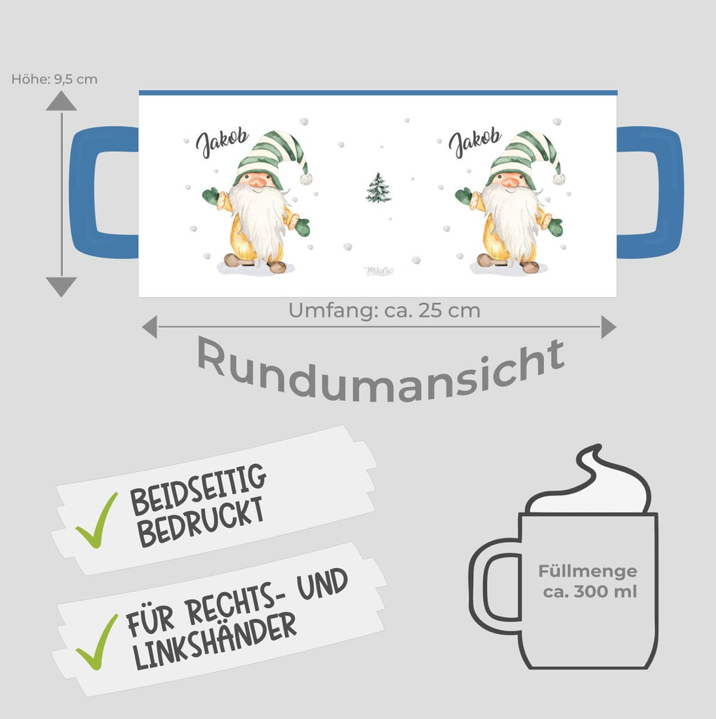 Keramik Tasse Fröhlicher Wichtel im Winter in grün - personalisiert mit Namen - von Mikalino