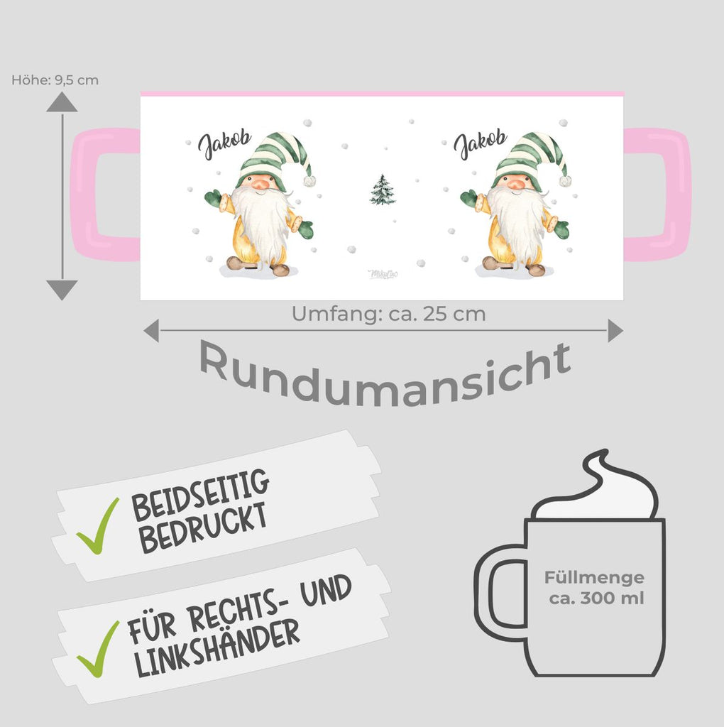 Keramik Tasse Fröhlicher Wichtel im Winter in grün - personalisiert mit Namen - von Mikalino