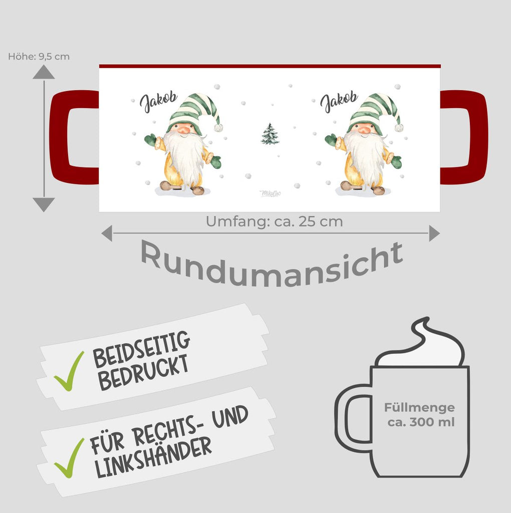 Keramik Tasse Fröhlicher Wichtel im Winter in grün - personalisiert mit Namen - von Mikalino