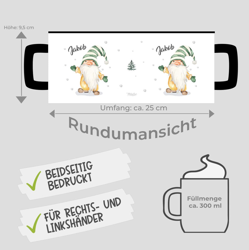 Keramik Tasse Fröhlicher Wichtel im Winter in grün - personalisiert mit Namen - von Mikalino