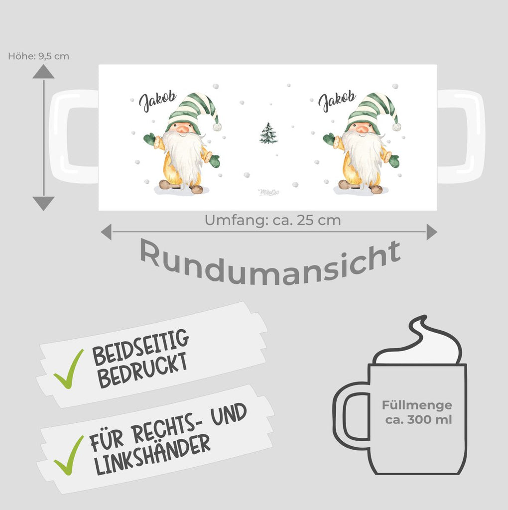 Keramik Tasse Fröhlicher Wichtel im Winter in grün - personalisiert mit Namen - von Mikalino