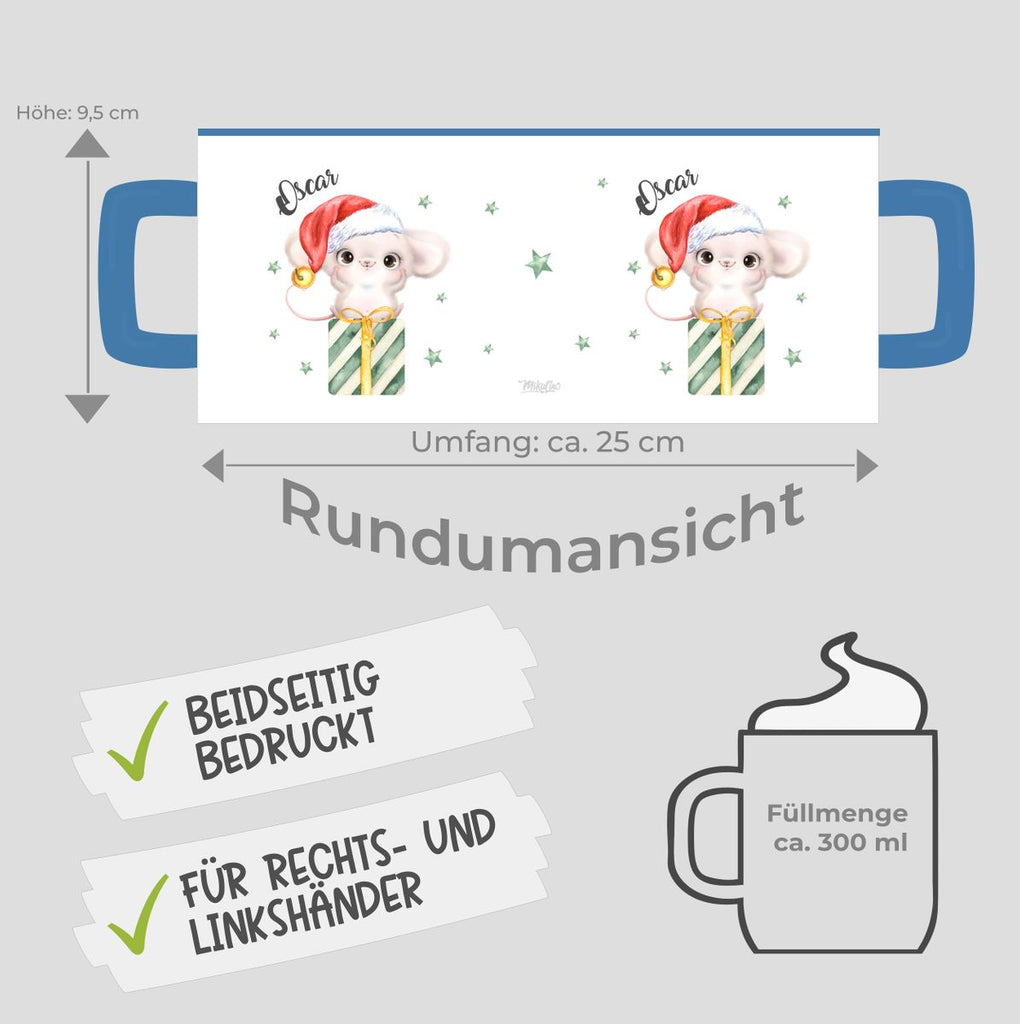 Keramik Tasse Süße Weihnachtsmaus auf einem Geschenk - personalisiert mit Namen - von Mikalino