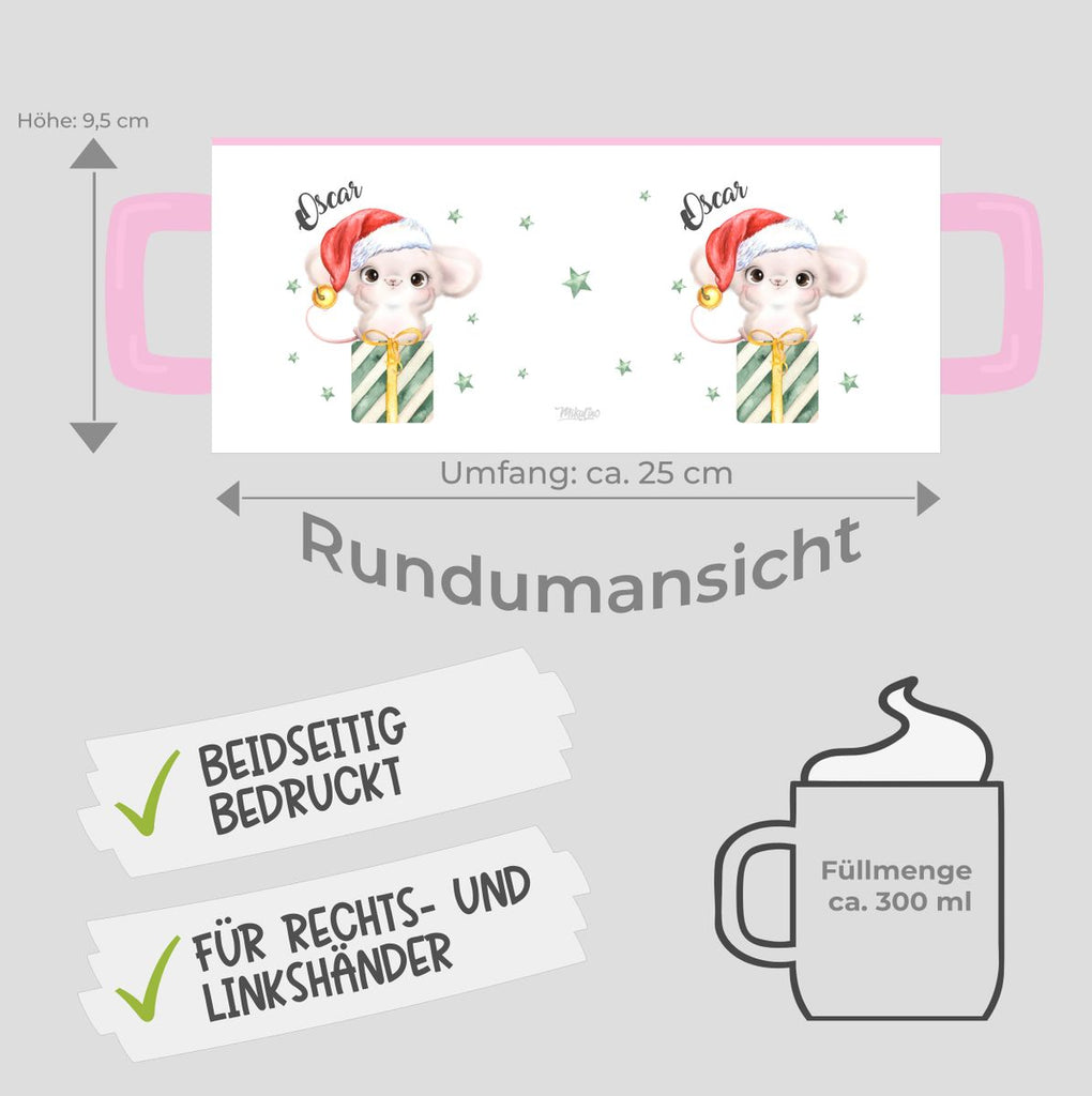 Keramik Tasse Süße Weihnachtsmaus auf einem Geschenk - personalisiert mit Namen - von Mikalino