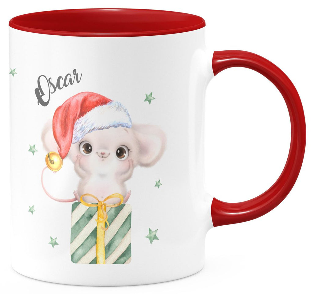 Keramik Tasse Süße Weihnachtsmaus auf einem Geschenk - personalisiert mit Namen - von Mikalino