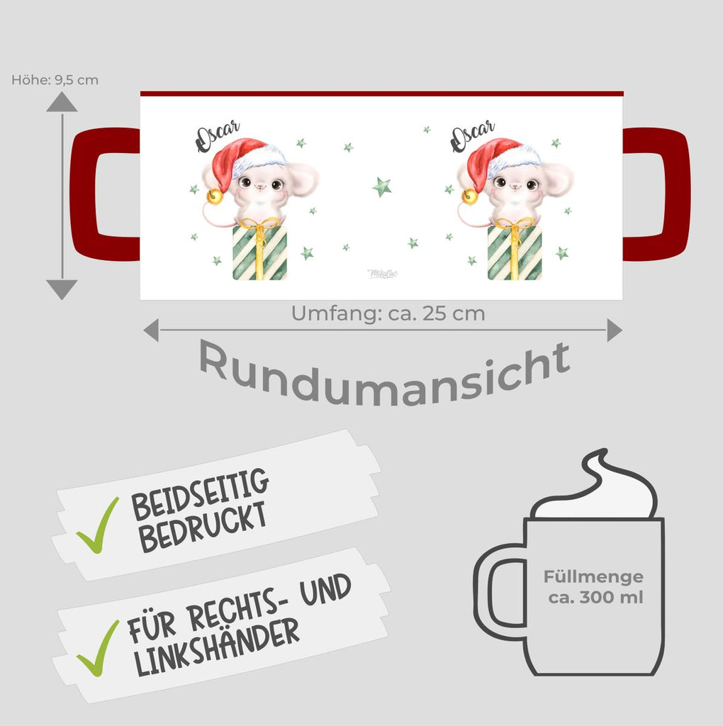 Keramik Tasse Süße Weihnachtsmaus auf einem Geschenk - personalisiert mit Namen - von Mikalino