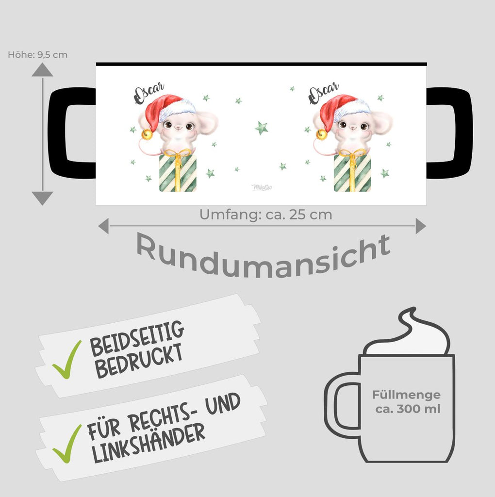 Keramik Tasse Süße Weihnachtsmaus auf einem Geschenk - personalisiert mit Namen - von Mikalino