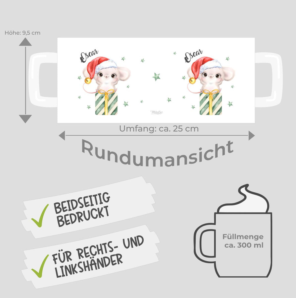 Keramik Tasse Süße Weihnachtsmaus auf einem Geschenk - personalisiert mit Namen - von Mikalino