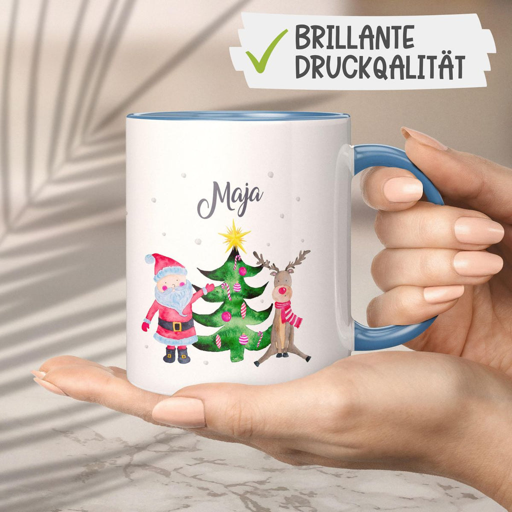 Keramik Tasse Fröhliches Weihnachtstrio im Winter - personalisiert mit Namen - von Mikalino