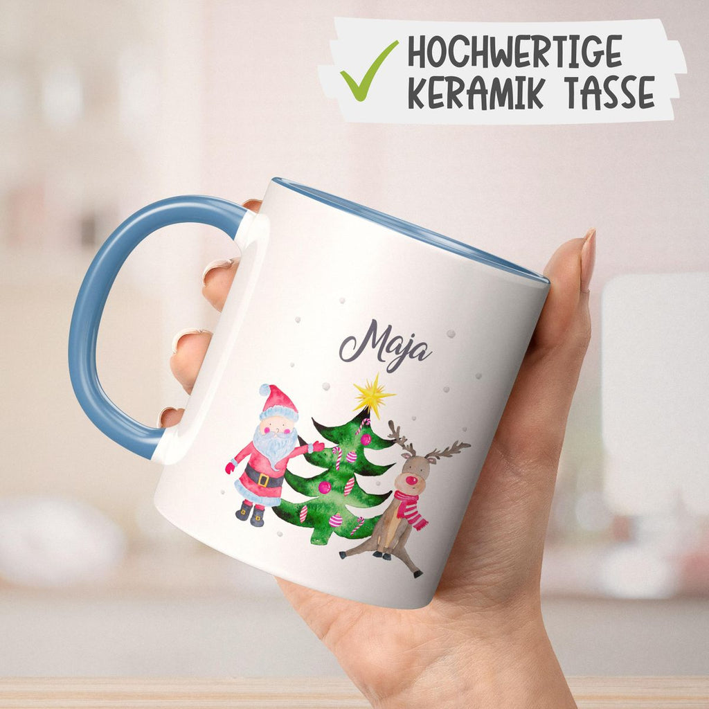 Keramik Tasse Fröhliches Weihnachtstrio im Winter - personalisiert mit Namen - von Mikalino