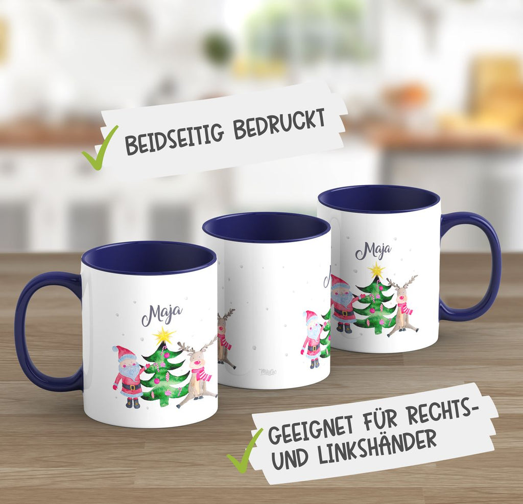 Keramik Tasse Fröhliches Weihnachtstrio im Winter - personalisiert mit Namen - von Mikalino