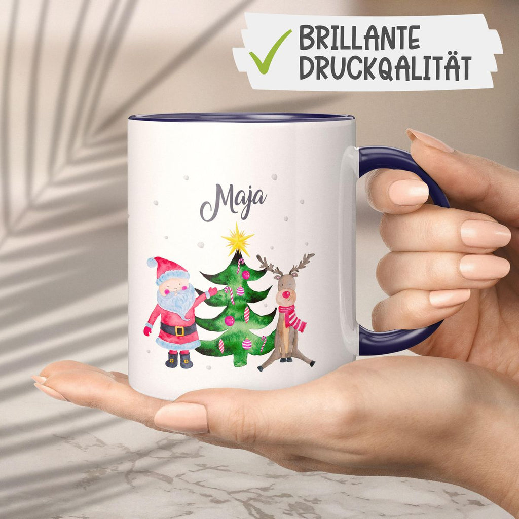 Keramik Tasse Fröhliches Weihnachtstrio im Winter - personalisiert mit Namen - von Mikalino