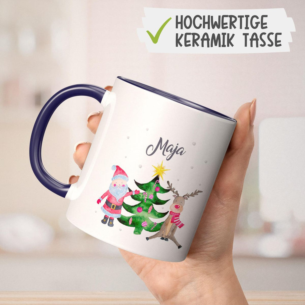 Keramik Tasse Fröhliches Weihnachtstrio im Winter - personalisiert mit Namen - von Mikalino