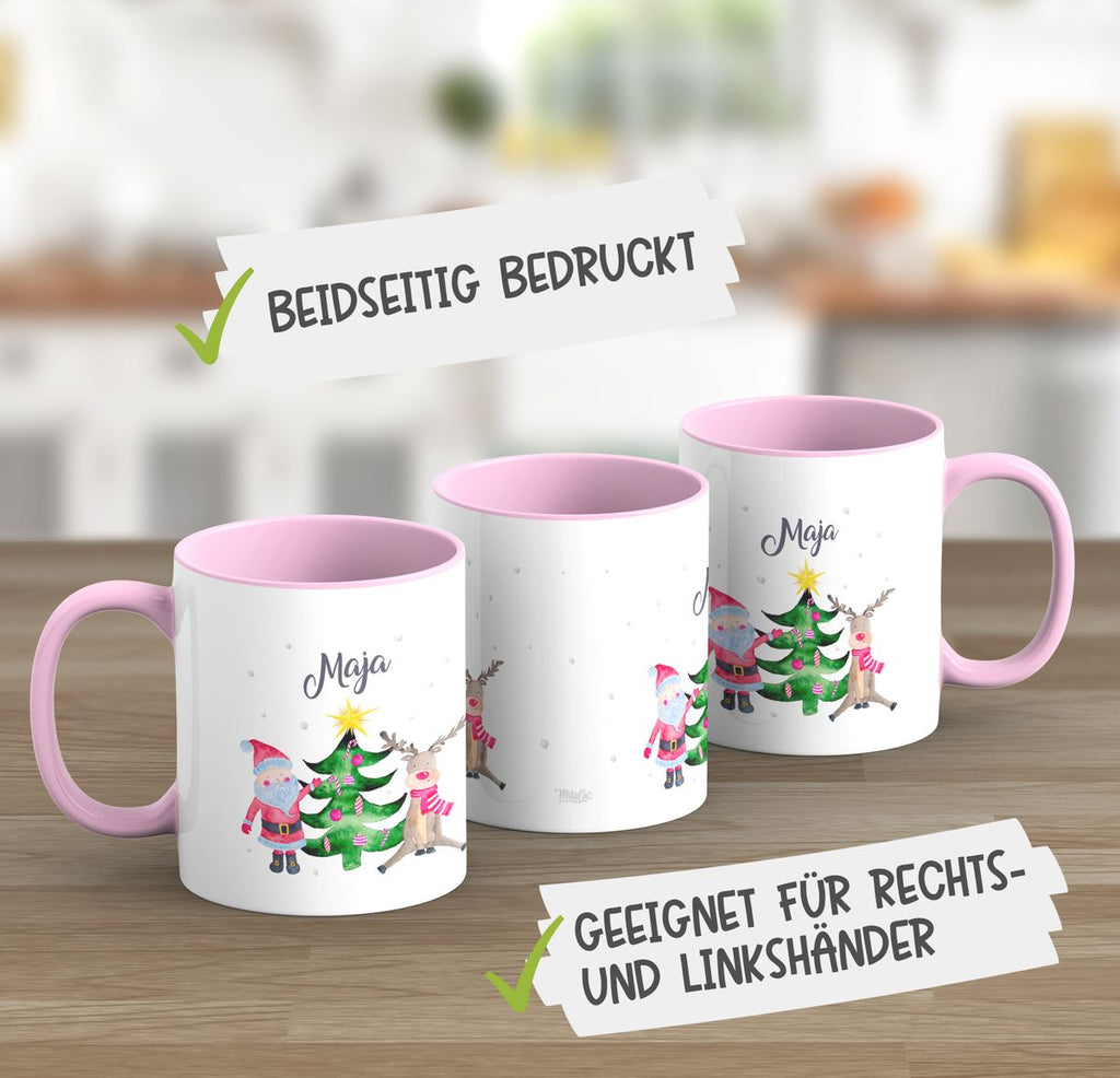 Keramik Tasse Fröhliches Weihnachtstrio im Winter - personalisiert mit Namen - von Mikalino