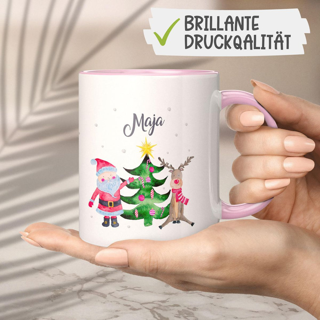 Keramik Tasse Fröhliches Weihnachtstrio im Winter - personalisiert mit Namen - von Mikalino