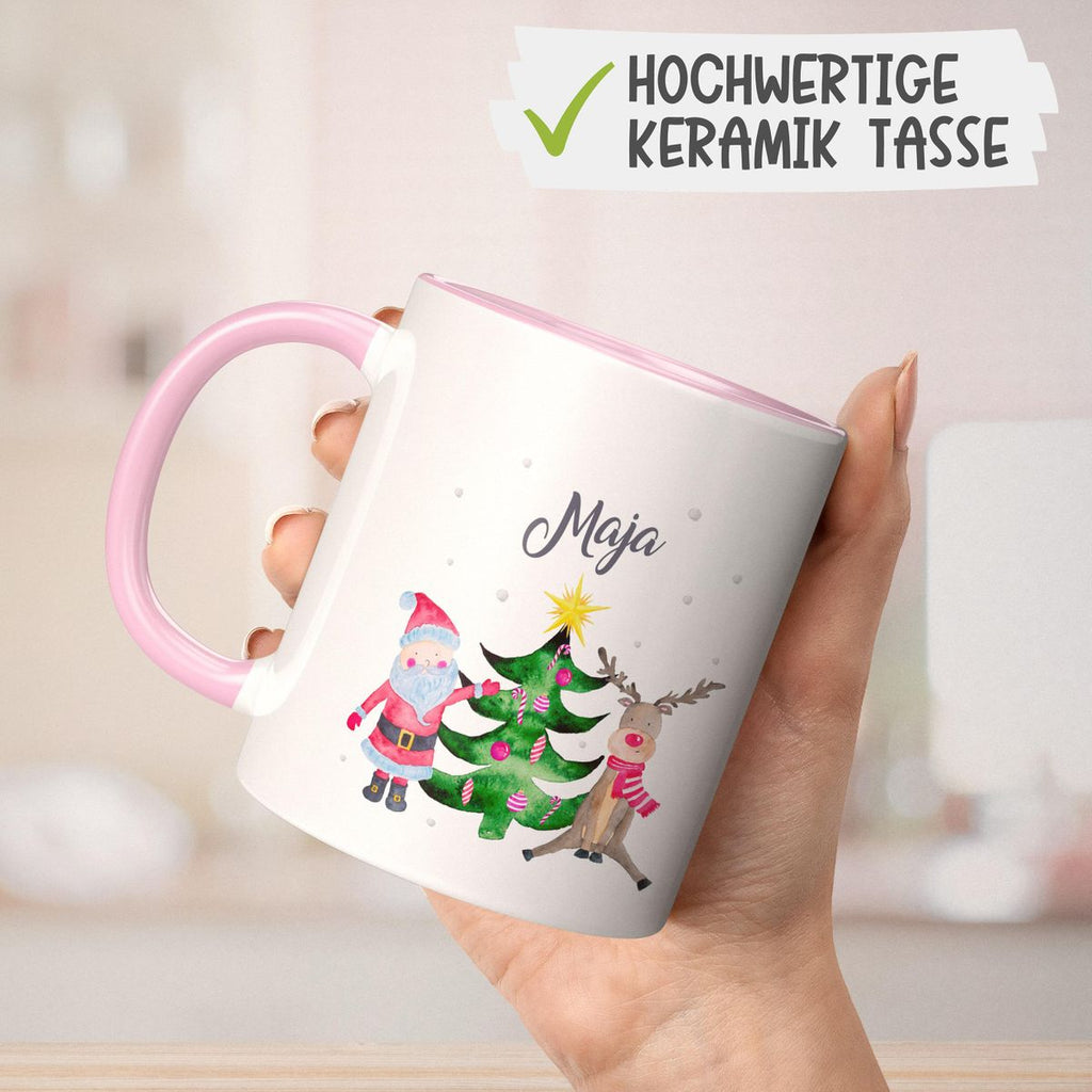 Keramik Tasse Fröhliches Weihnachtstrio im Winter - personalisiert mit Namen - von Mikalino