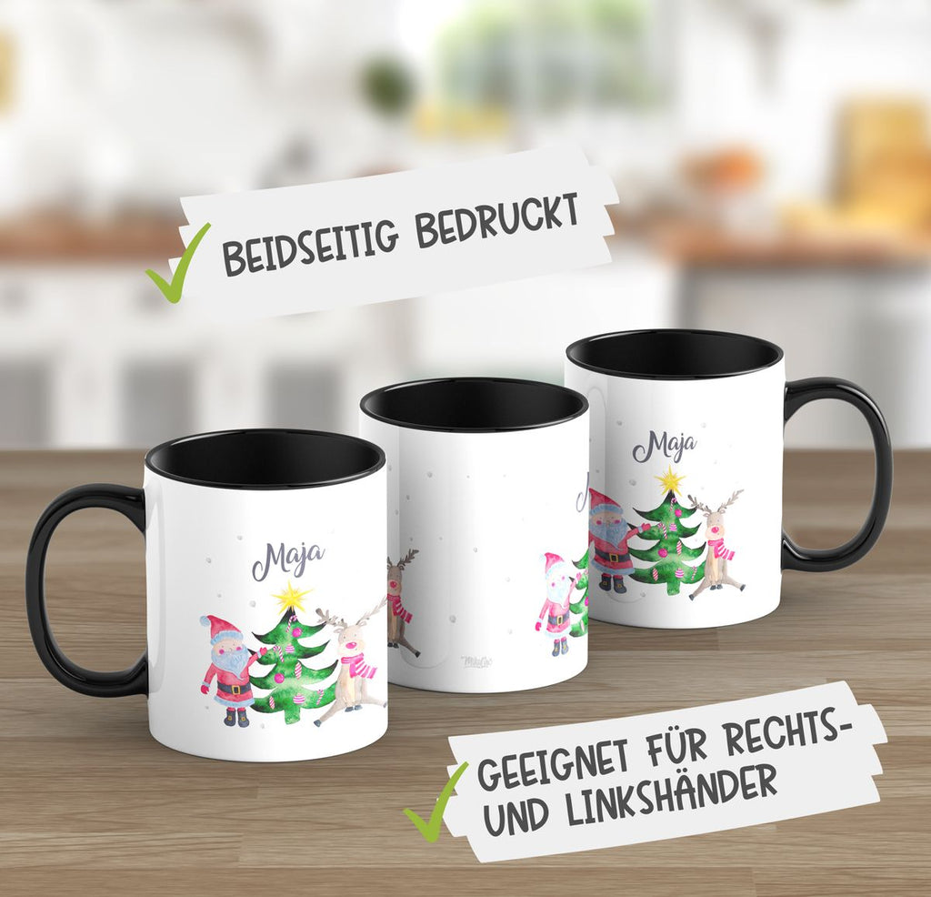 Keramik Tasse Fröhliches Weihnachtstrio im Winter - personalisiert mit Namen - von Mikalino