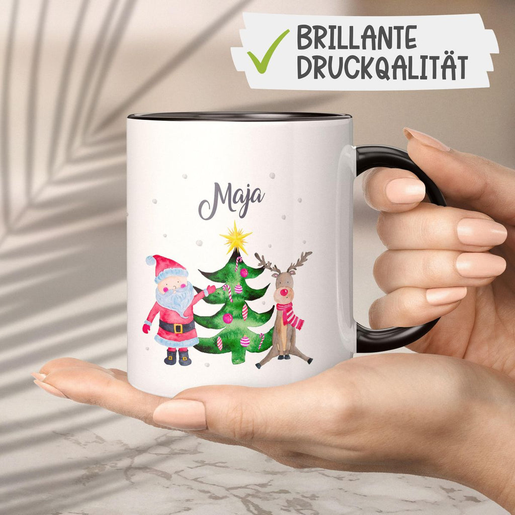 Keramik Tasse Fröhliches Weihnachtstrio im Winter - personalisiert mit Namen - von Mikalino