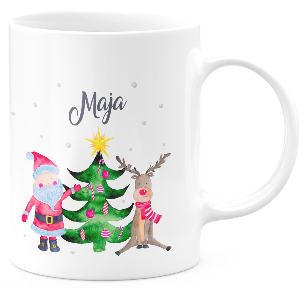 Keramik Tasse Fröhliches Weihnachtstrio im Winter - personalisiert mit Namen - von Mikalino