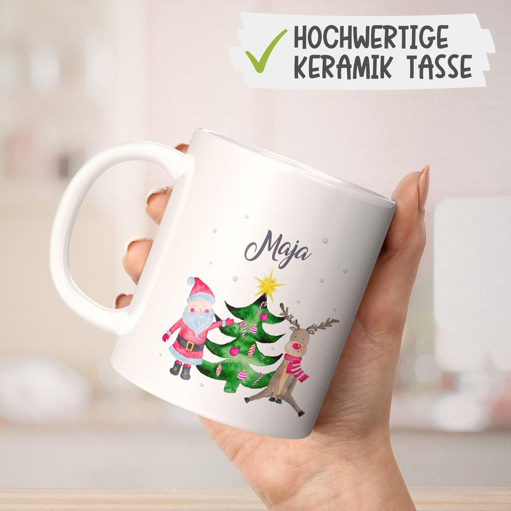 Keramik Tasse Fröhliches Weihnachtstrio im Winter - personalisiert mit Namen - von Mikalino