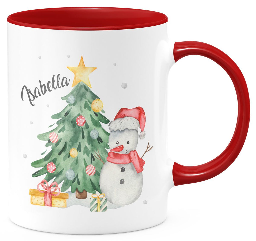 Keramik Tasse Fröhlicher Schneemann mit Weihnachtsbaum im Schnee - personalisiert mit Namen - von Mikalino