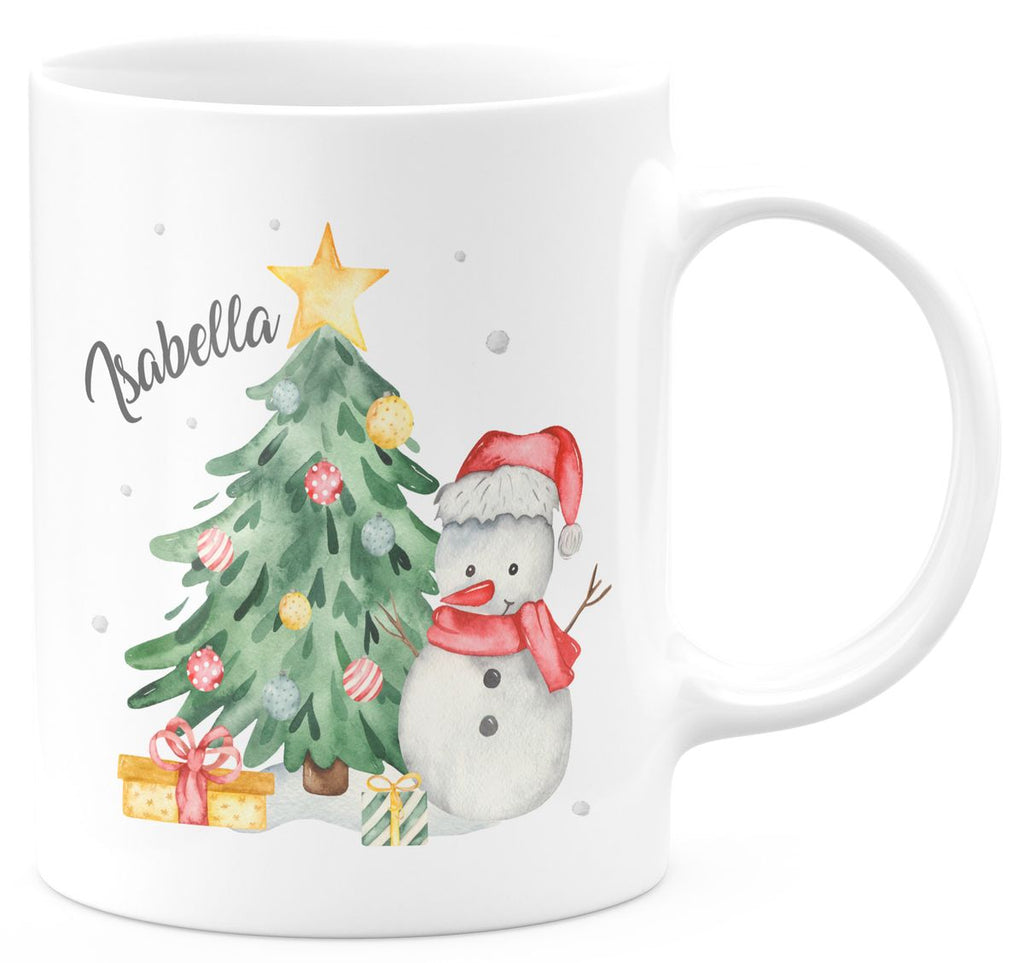 Keramik Tasse Fröhlicher Schneemann mit Weihnachtsbaum im Schnee - personalisiert mit Namen - von Mikalino