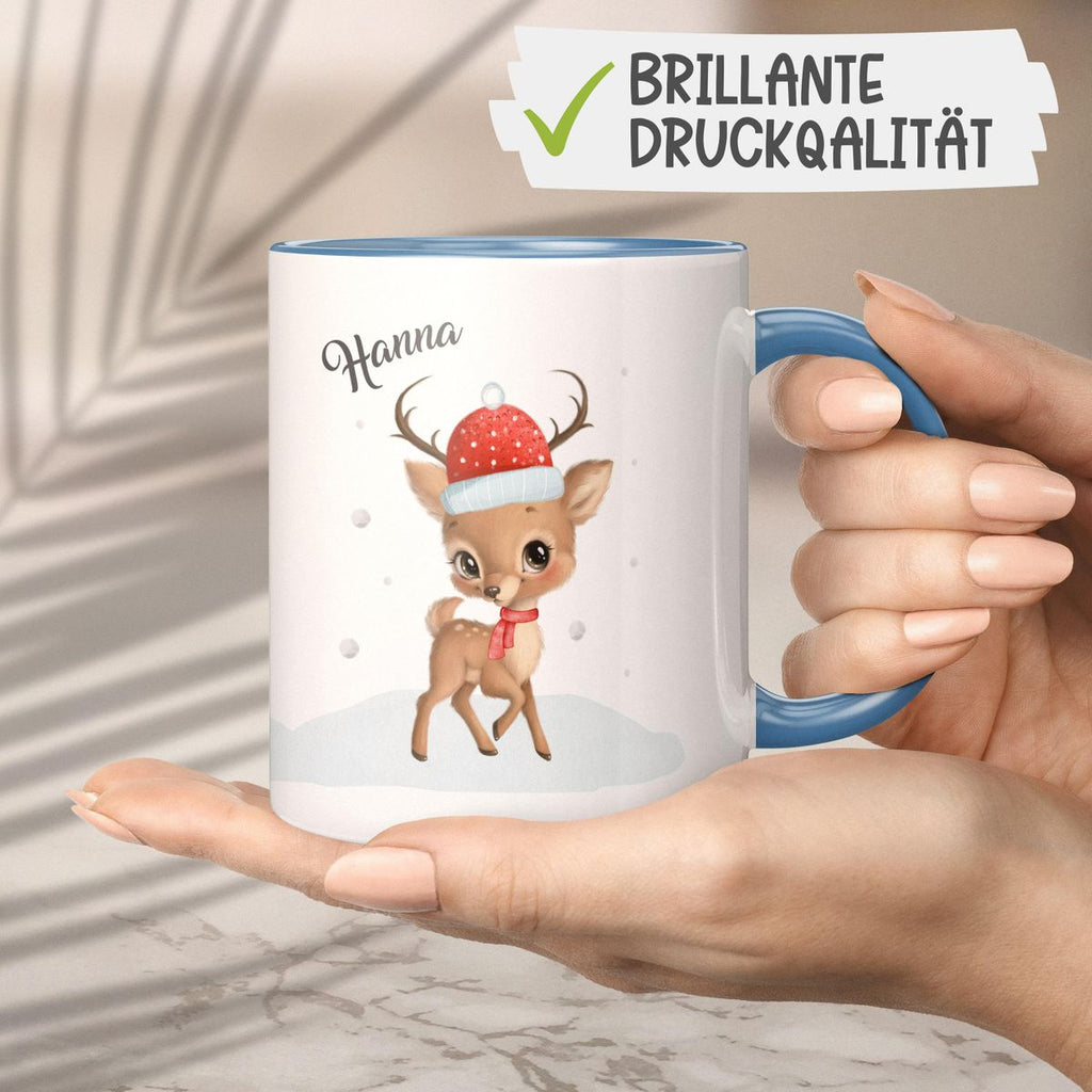 Keramik Tasse Niedliches kleines Reh im Winter - personalisiert mit Namen - von Mikalino