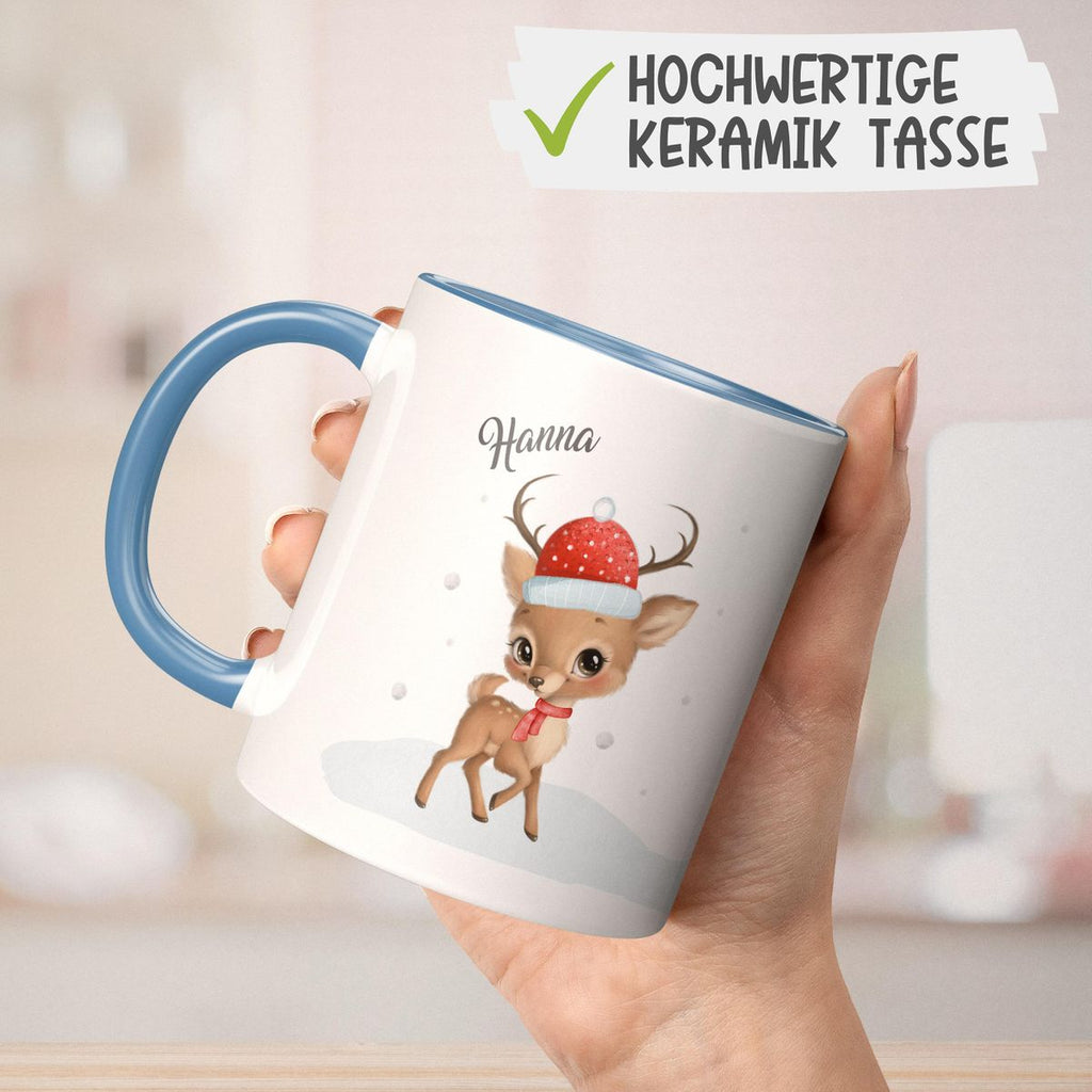 Keramik Tasse Niedliches kleines Reh im Winter - personalisiert mit Namen - von Mikalino