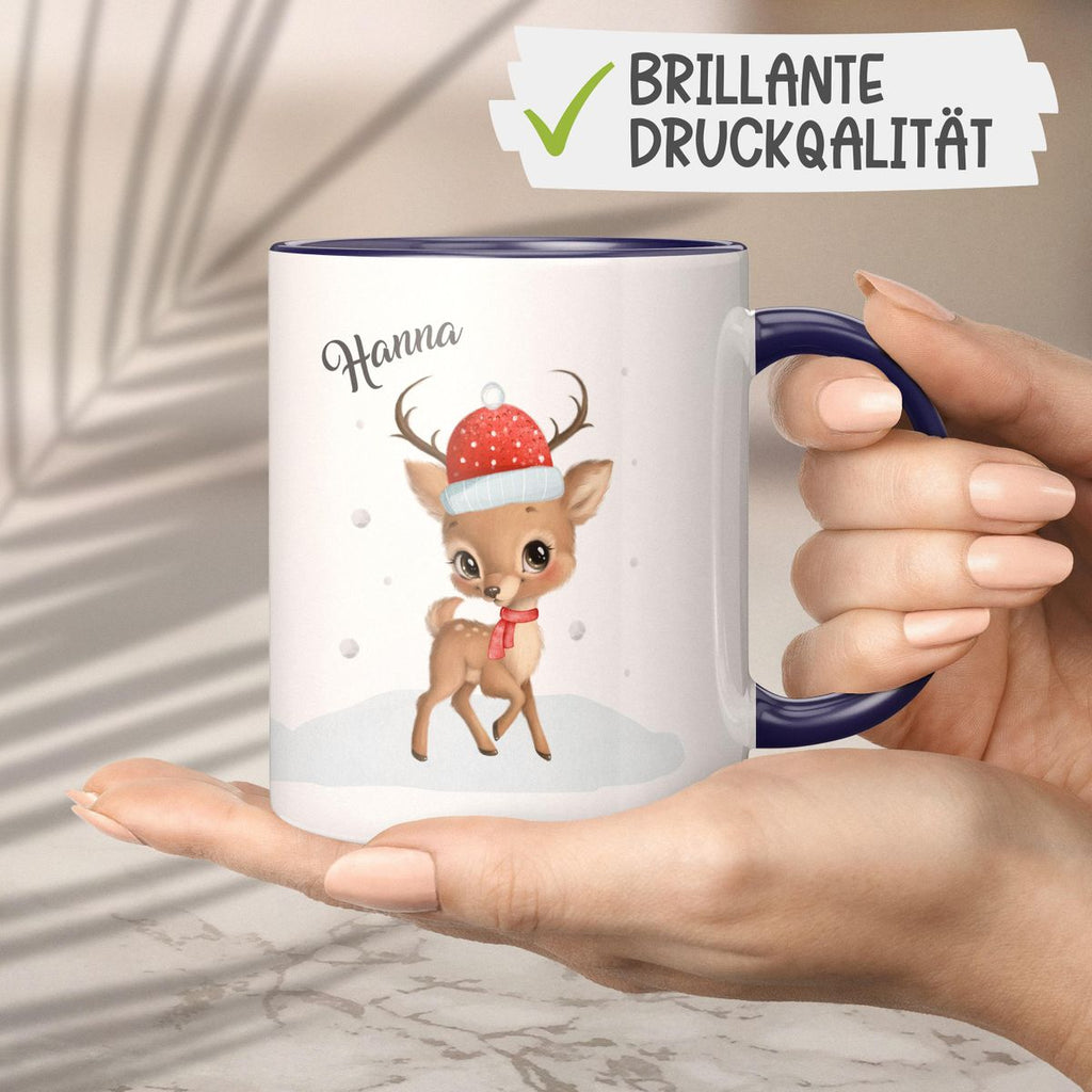 Keramik Tasse Niedliches kleines Reh im Winter - personalisiert mit Namen - von Mikalino