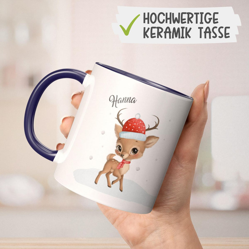 Keramik Tasse Niedliches kleines Reh im Winter - personalisiert mit Namen - von Mikalino