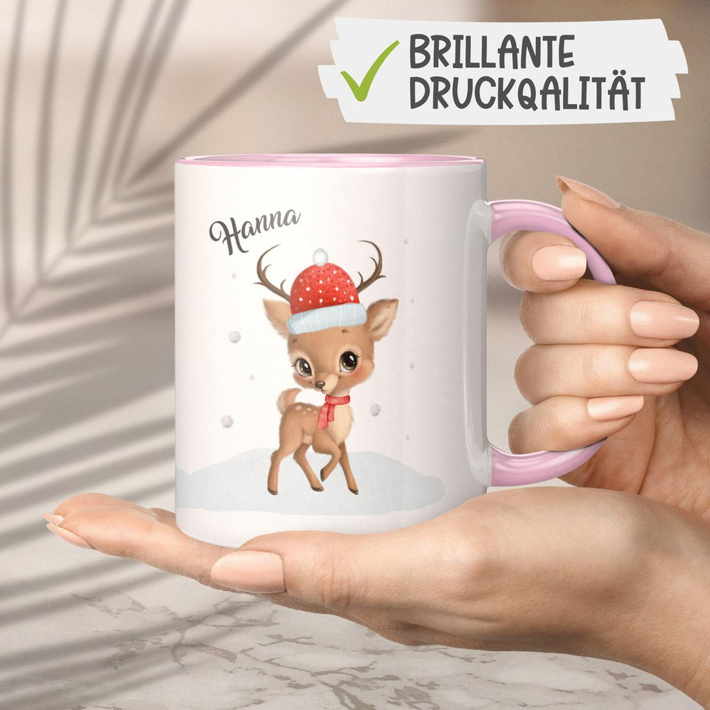 Keramik Tasse Niedliches kleines Reh im Winter - personalisiert mit Namen - von Mikalino